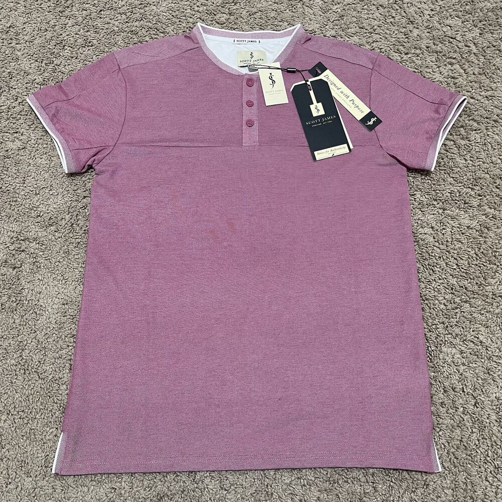 Scott James Shirt Mens Medium Raspberry Pink Henley Short Sleeve Pique Stretch